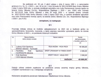 PRZYZNANIE DOTACJI CELOWEJ KLUBOM SPORTOWYM                                          na upowszechnianie, krzewienie, tworzenie, a także poprawę warunków uprawiania sportu na terenie Gminy Gilowice w 2 - zdjęcie1