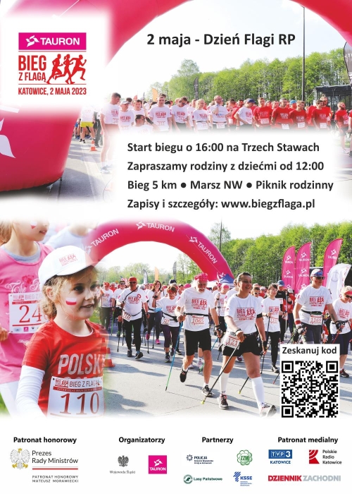 Zaproszenie do wydarzenia pn. Tauron Bieg z Flagą, które odbędzie się 2 maja 2023 roku w Katowicach.