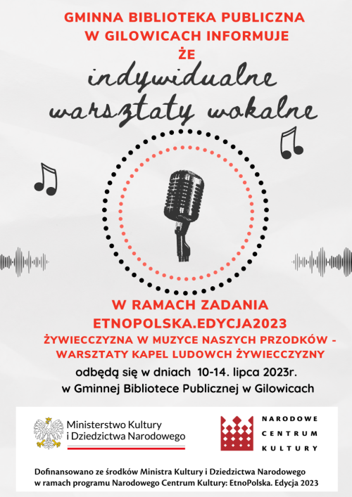 Gminna Biblioteka Publiczna w Gilowicach realizuje zadanie Żywiecczyzna w muzyce naszych przodków – warsztaty kapel ludowych Żywiecczyzny w ramach programu Etno Polska. Edycja 2023
