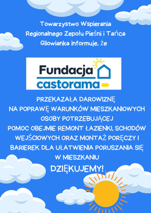 Towarzystwo Wspierania Regionalnego Zespołu Pieśni i Tańca Gilowianka informuje o otrzymaniu darowizny.