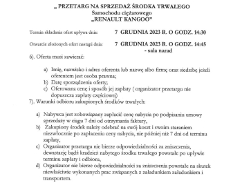 Drugie ogłoszenie o przetargu na sprzedaż samochodu ciężarowego. - zdjęcie1
