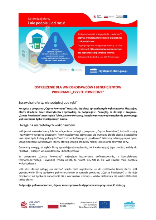 OSTRZEŻENIE DLA WNIOSKODAWCÓW I BENEFICJENTÓW PROGRAMU „CZYSTE POWIETRZE”