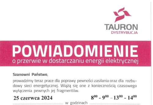 POWIADOMIENIE O PRZERWIE W DOSTARCZANIU ENERGII ELEKTRYCZNEJ
