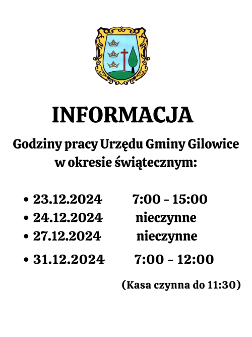 Godziny pracy Urzędu Gminy Gilowice w okresie świątecznym