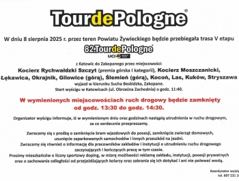 INFORMACJA                                                                                                       82. Tour de Pologne na Żywiecczyźnie. Utrudnienia w ruchu! Na czas przejazdu drogi zost - zdjęcie1